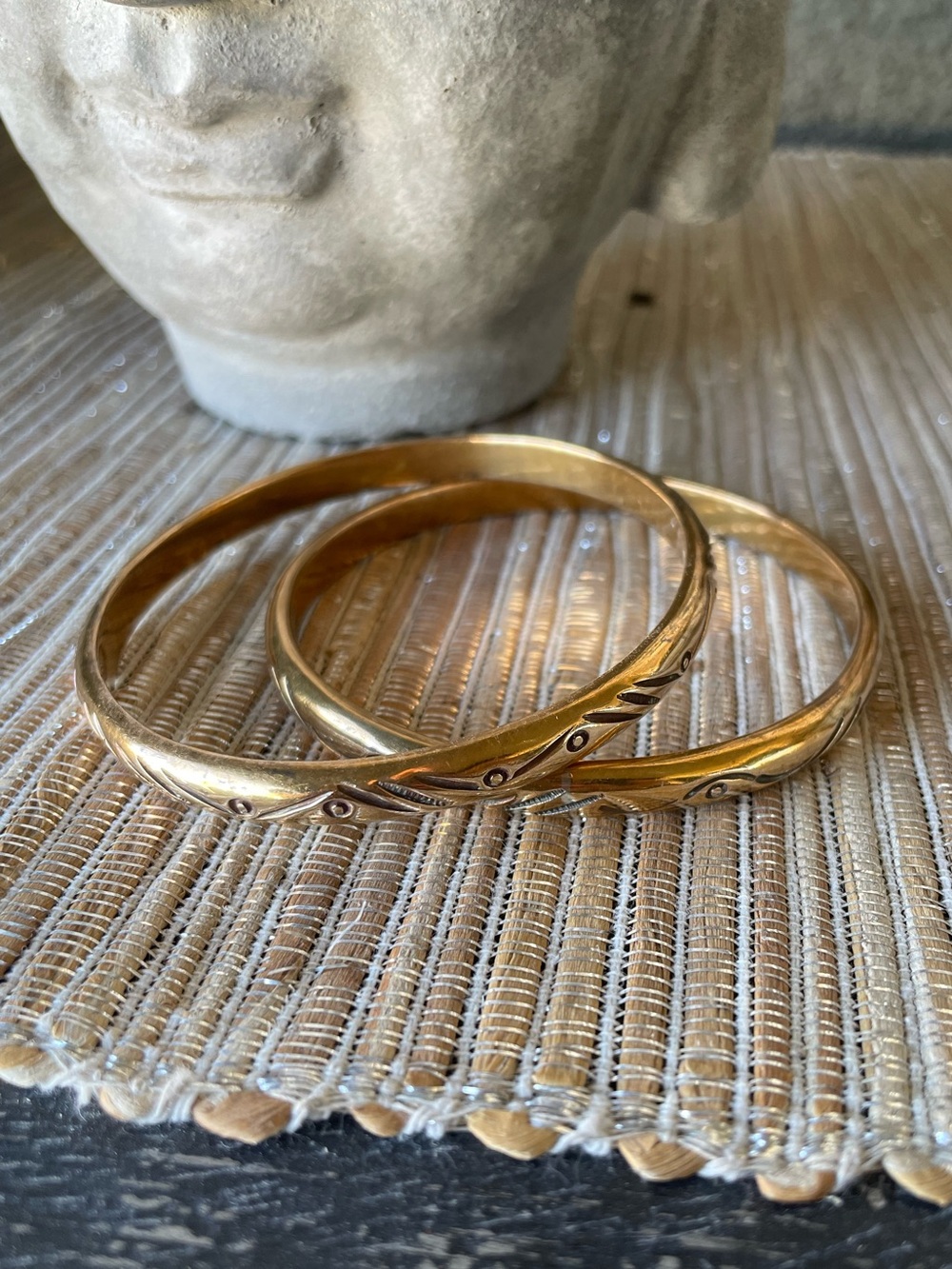 Two Solid Etched Brass (?) Bangle Bracelets - Vintage